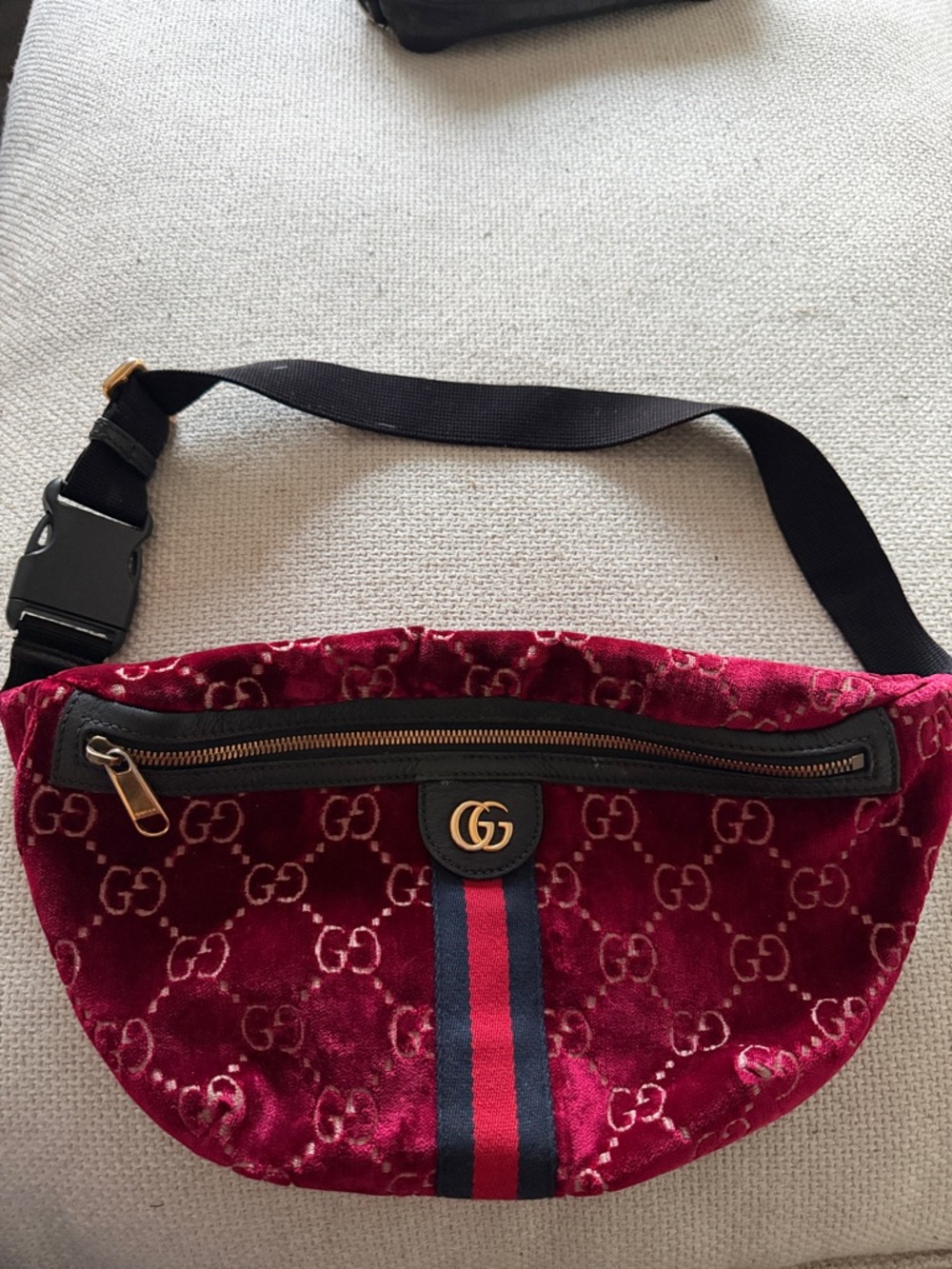 Gucci Red Velvet GG Belt Bag with Navy-Red Web